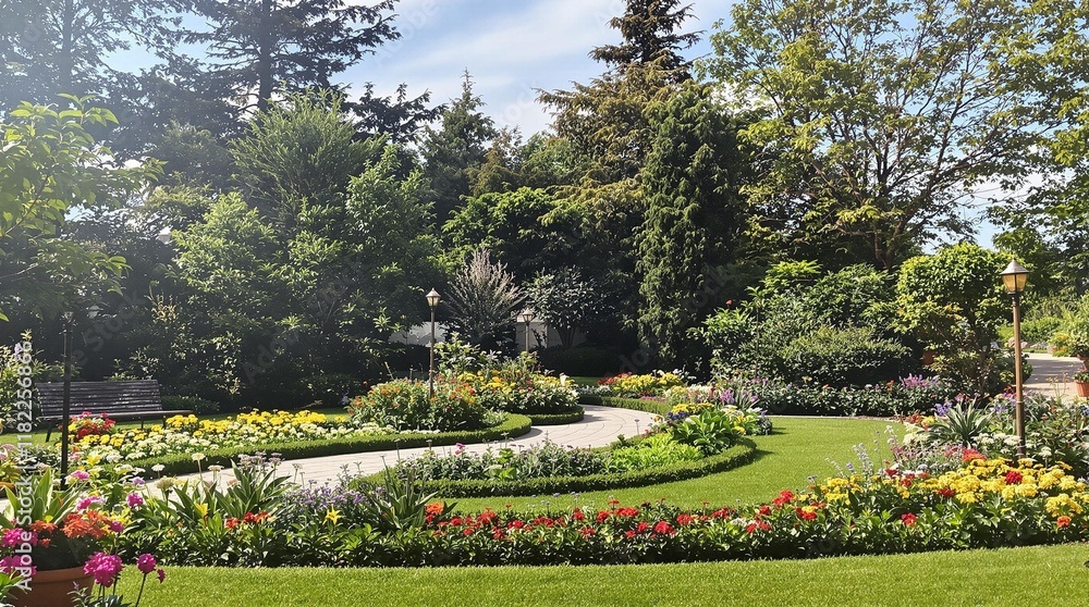 Obraz premium A Beautifully Landscaped Garden Brimming with a Variety of Vibrant and Colorful Flowers