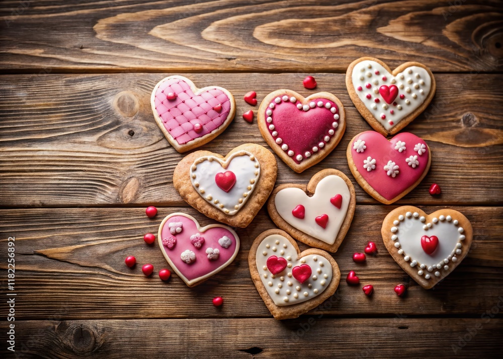 Valentine's Day Heart Cookies on Rustic Wooden Background - Perfect for Text Overlay Valentine's Day Heart Cookies on Rustic Wooden Background - Perfect for Text Overlay