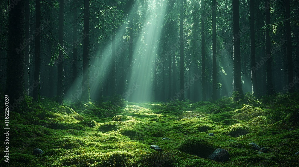 Obraz premium Sunbeams illuminate a mystical, moss-covered forest path.
