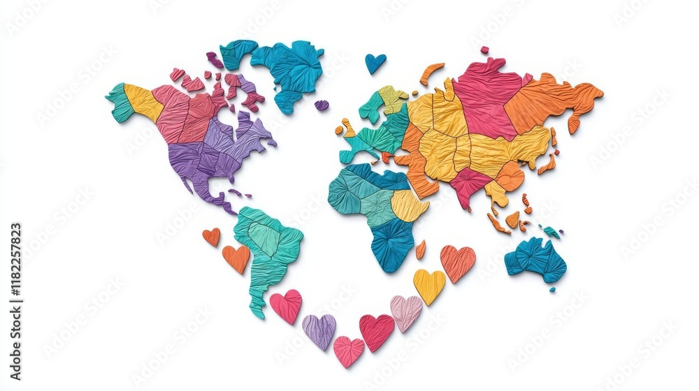 Fototapeta premium Colorful world map design with hearts symbolizing love.