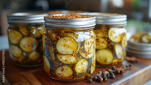 Spicy Homemade Dill Pickles In Glass Jars photo