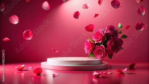 Valentine's Day Podium: Pink Floral Backdrop & Circular Platform for Romantic Product Display