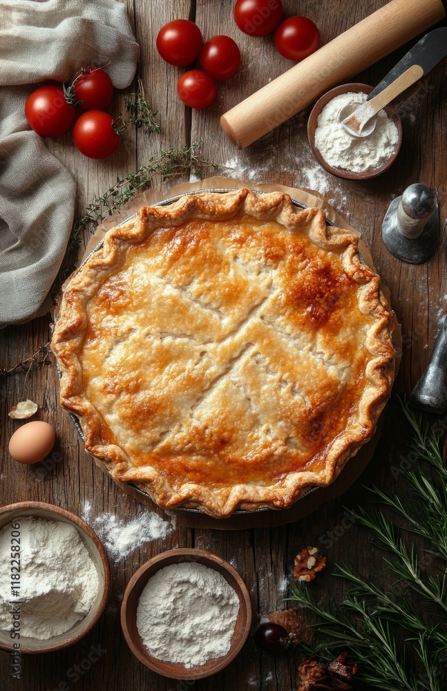 Traditional British pie with ingredients on a wooden rustic table Traditional British pie with ingredients on a wooden rustic table