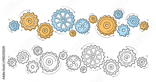 Gears and cogs in operation, infographics for presentation. Teamwork, brainstorming, business planning concept