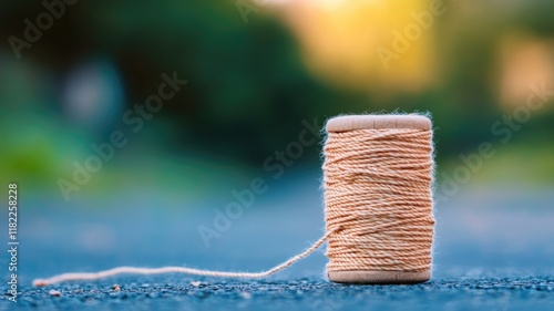 Close-up of spool thread on outdoor surface photo