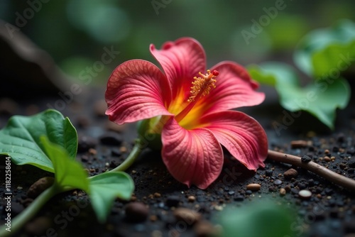 Fallen Harshringar flower on damp earth with vines and leaves, vine, parijat
