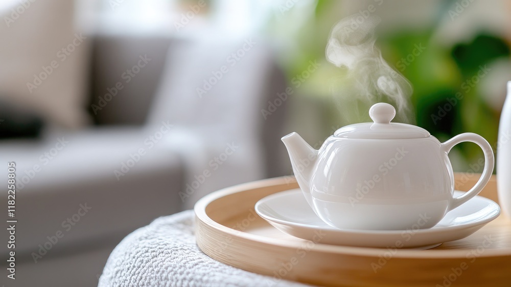 White teapot with steam on wooden tray, cozy living room background White teapot with steam on wooden tray, cozy living room background