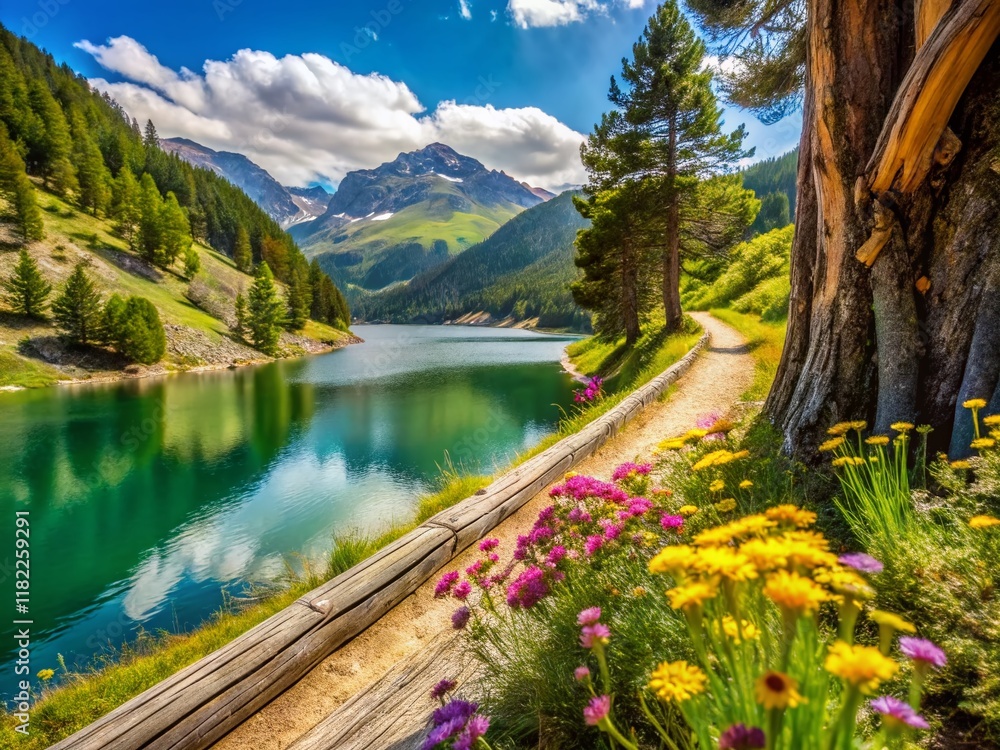 Fototapeta premium Valmayor Lake Spain: Picturesque Countryside Route, Fir Forest & Hill Macro Photography