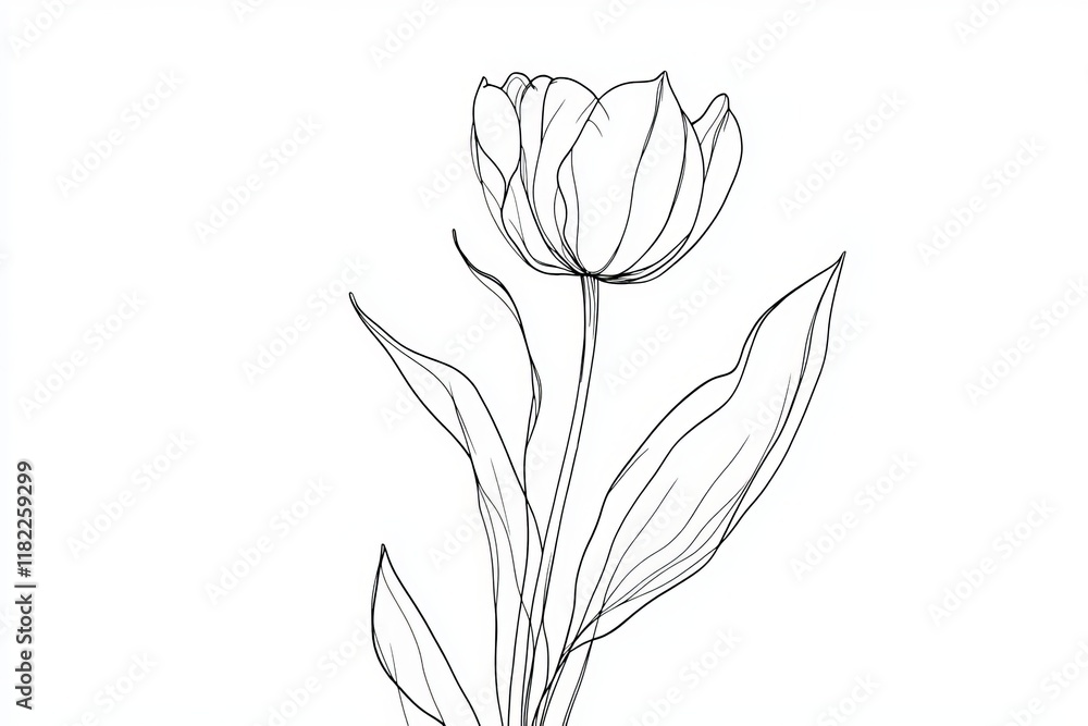 Obraz premium Tulip one line drawing.Abstract flower continuous line. Minimalist contour drawing of tulip. Continuous line drawing of flower tulip.Hand drawn sketch of flower with leaves.