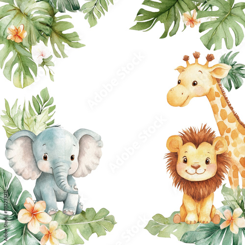 Watercolor illustration of cute forest animals with leaves and flowers on a white background.