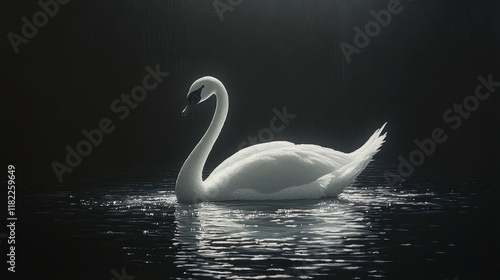 Fototapeta Naklejka Na Ścianę i Meble -  Majestic white swan gracefully gliding on dark water, illuminated by soft light.