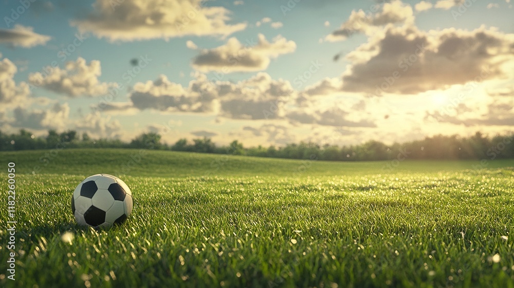 Soccer Ball on Grass Field, Soft Sunlight and Cloud Shadows Soccer Ball on Grass Field, Soft Sunlight and Cloud Shadows