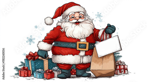 Joyful Santa delivers holiday cheer with gifts and a cheerful smile in a festive winter wonderland setting. Generative AI