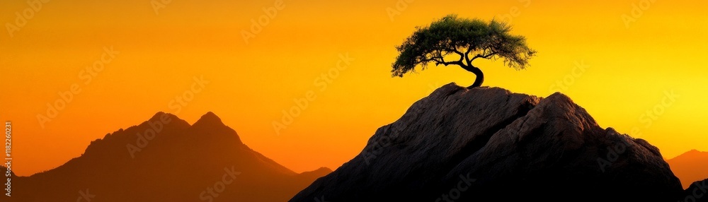Resilience at Sunset: A solitary tree stands tall and strong on a rugged mountaintop, silhouetted against a breathtaking sunset. The vibrant orange sky mirrors the tree's unwavering strength. Resilience at Sunset: A solitary tree stands tall and strong on a rugged mountaintop, silhouetted against a breathtaking sunset. The vibrant orange sky mirrors the tree's unwavering strength.