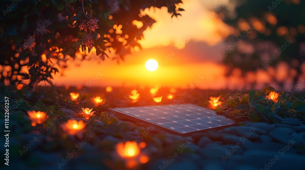 Fototapeta premium Solar Panel at Sunset Amidst Blossoming Flowers