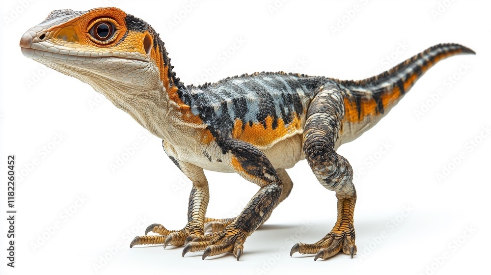 Naklejka premium Realistic Ornitholestes Dinosaur on White Background. Generative AI