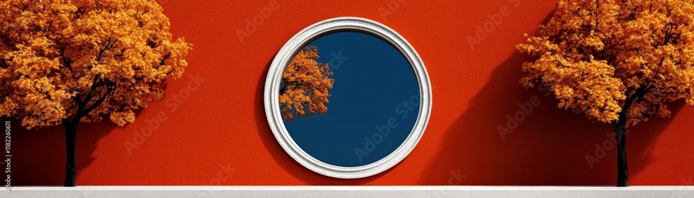 Autumnal View Through a Circular Window: A vibrant autumn scene viewed through a circular window set against a bold orange wall. Two miniature trees with golden leaves flank the window. Autumnal View Through a Circular Window: A vibrant autumn scene viewed through a circular window set against a bold orange wall. Two miniature trees with golden leaves flank the window.
