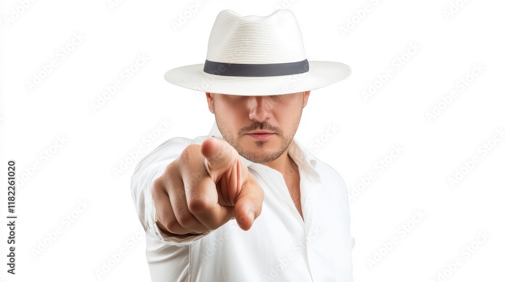 Stylish Man in White Hat Pointing at Camera