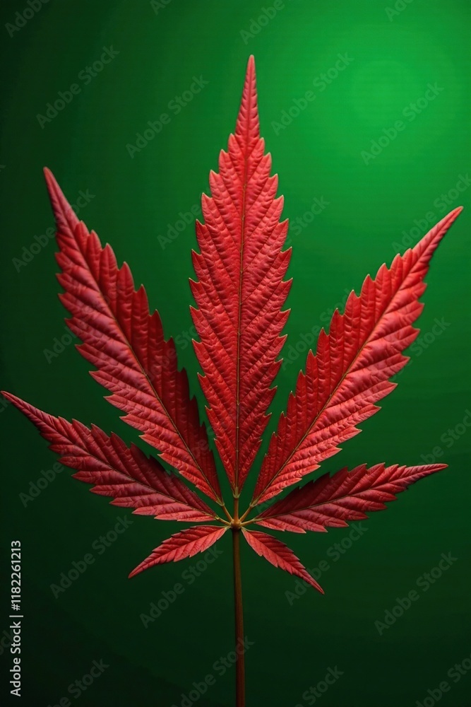 Macro shot of red cannabis leaf texture against a green background, botanical, flowers, weed Macro shot of red cannabis leaf texture against a green background, botanical, flowers, weed
