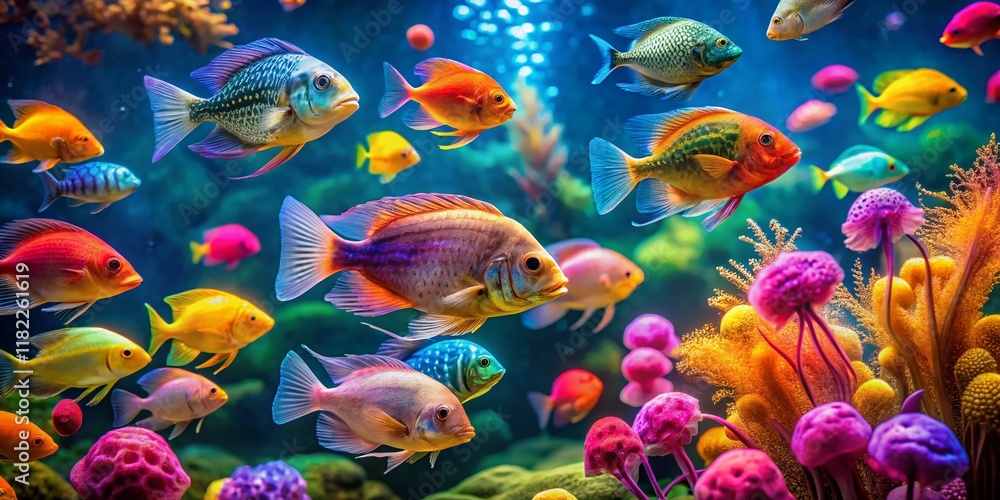 Vibrant Aquarium Close-Up: Colorful Fish & Jellyfish Vibrant Aquarium Close-Up: Colorful Fish & Jellyfish