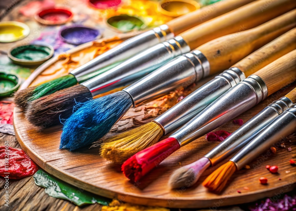 Obraz premium Vibrant Artist's Palette: Paint Brushes and Acrylic Paints Ready for Creation