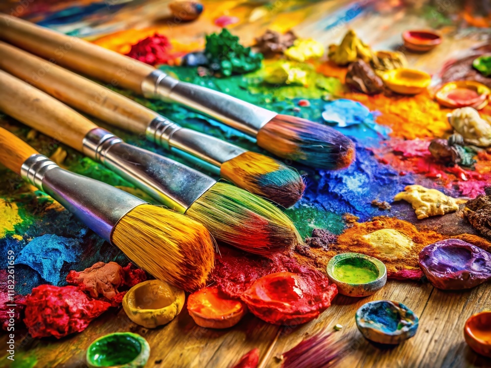 Obraz premium Vibrant Artist's Palette Panoramic: Colorful Paint Brushes & Paint Spills