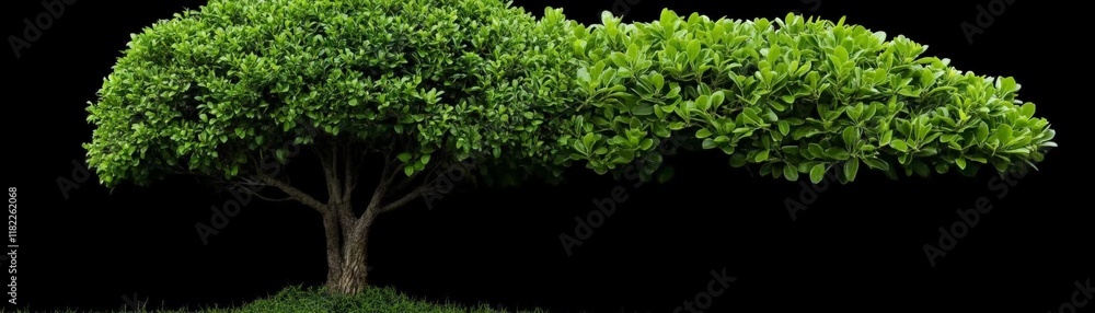 Lush Green Bonsai Tree: A vibrant, full bonsai tree with rich green foliage stands isolated against a stark black background, showcasing its elegant shape and healthy growth. Lush Green Bonsai Tree: A vibrant, full bonsai tree with rich green foliage stands isolated against a stark black background, showcasing its elegant shape and healthy growth.