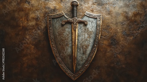 Medieval shield and sword on textured background. photo