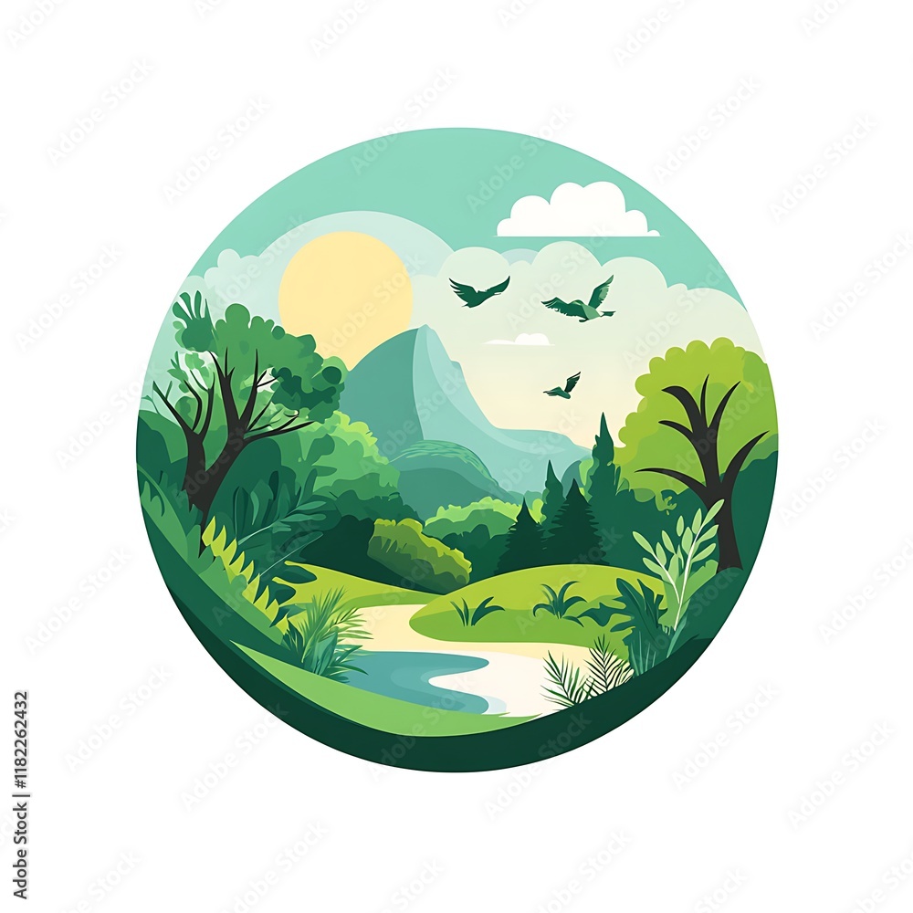 Serene Nature Escape: A circular illustration of a vibrant, lush landscape, featuring a tranquil river winding through a verdant valley, majestic mountains in the background. Serene Nature Escape: A circular illustration of a vibrant, lush landscape, featuring a tranquil river winding through a verdant valley, majestic mountains in the background.