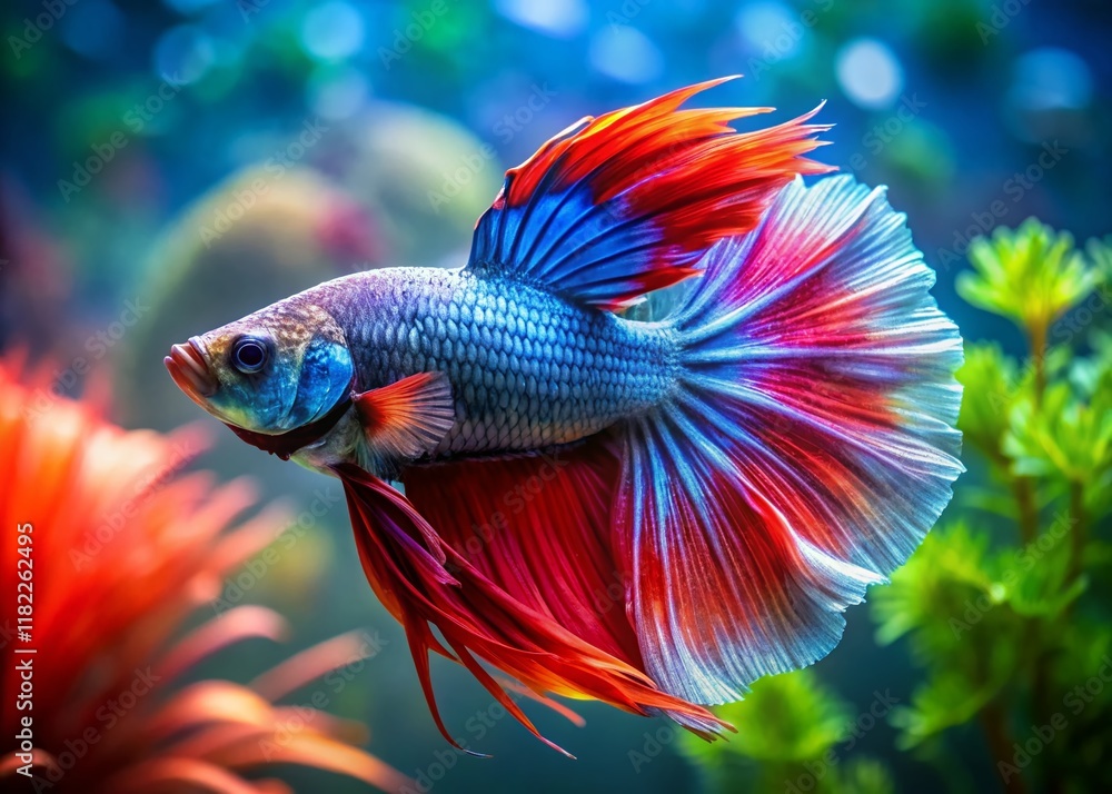 Vibrant Betta Fish Underwater Scene - Graceful Colorful Fins Vibrant Betta Fish Underwater Scene - Graceful Colorful Fins