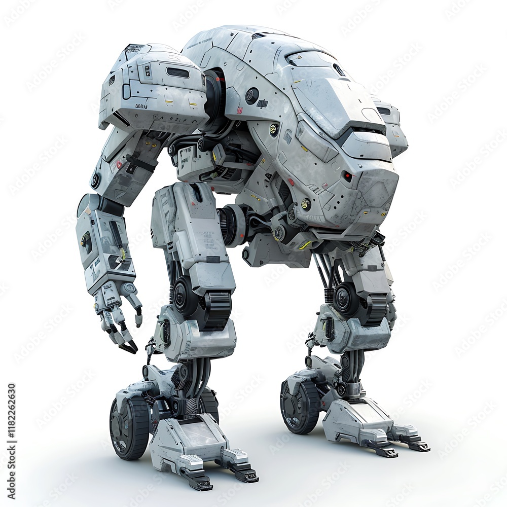 Futuristic Mech Walker: A powerful, imposing mech suit stands ready for action. Its sleek, white design and intricate details showcase cutting-edge technology and futuristic warfare. Futuristic Mech Walker: A powerful, imposing mech suit stands ready for action. Its sleek, white design and intricate details showcase cutting-edge technology and futuristic warfare.