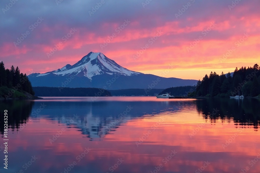 Reflection of Mount Rainier on calm Tacoma Waterfront at dawn, lake, nautical, waterfront Reflection of Mount Rainier on calm Tacoma Waterfront at dawn, lake, nautical, waterfront