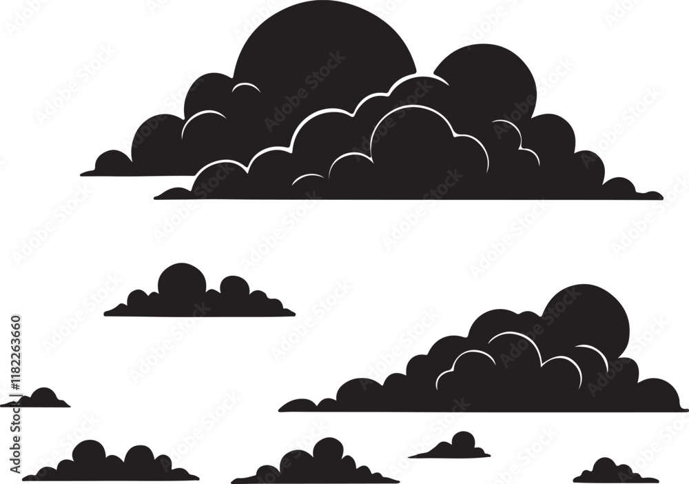 A set of clouds silhouette and vector art in different types. A set of clouds silhouette and vector art in different types.