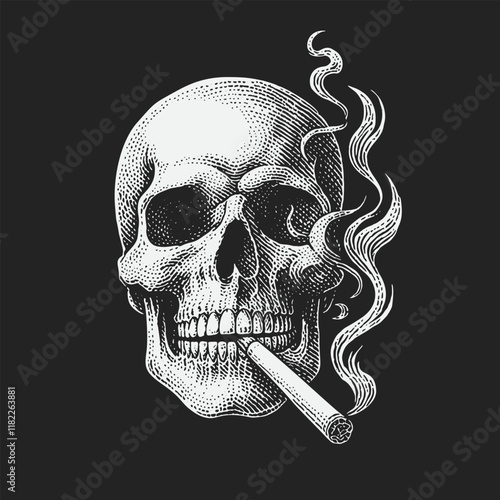 Skull smoking cigarette engraving style.