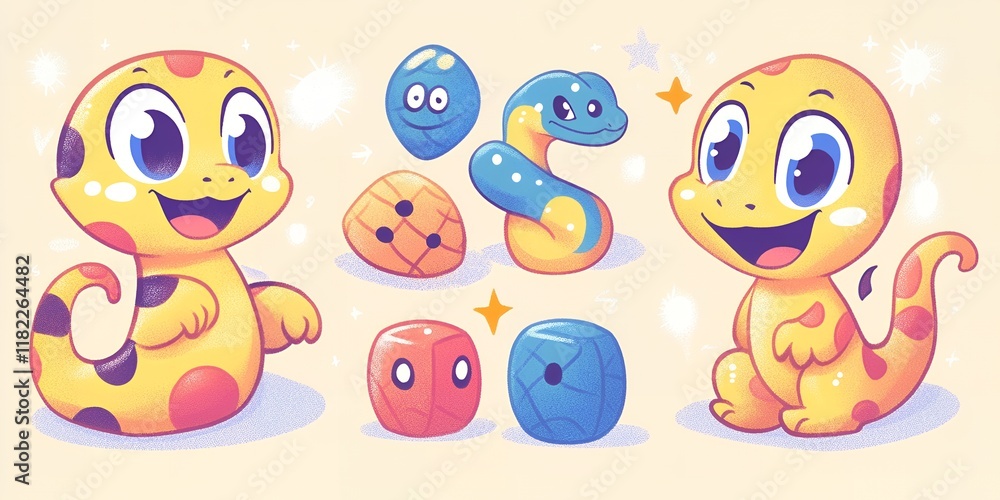 Fototapeta premium Adorable Cartoon Lizards Playing with Colorful Dice and Toys