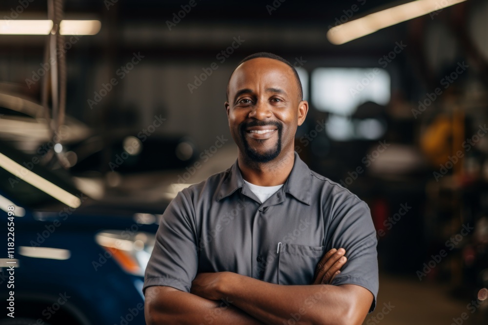 Obraz premium Smiling portrait of a middle aged African American car mechanic in workshop
