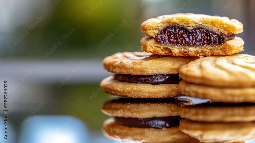 Close-up of baked cookies with filling on reflective surface Close-up of baked cookies with filling on reflective surface