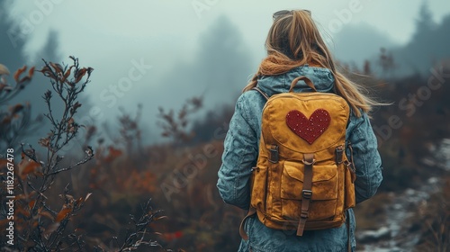 A solo valentine's adventure featuring a woman hiking with a heart-themed backpack in a scenic location. photo