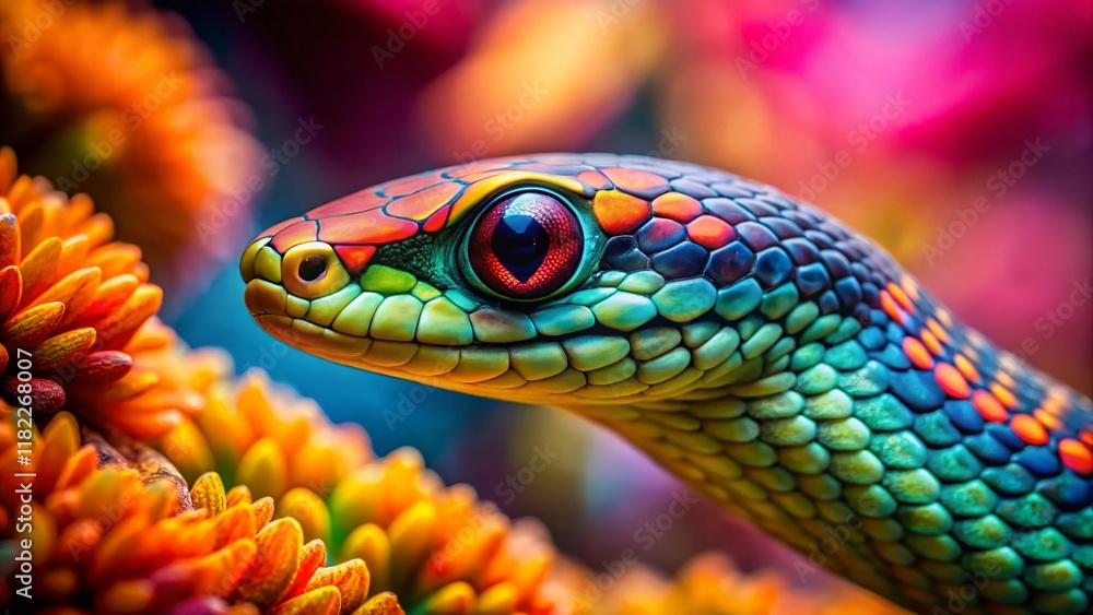 Fototapeta premium Vibrant Coral Reef Snake: Minimalist Close-up Photography