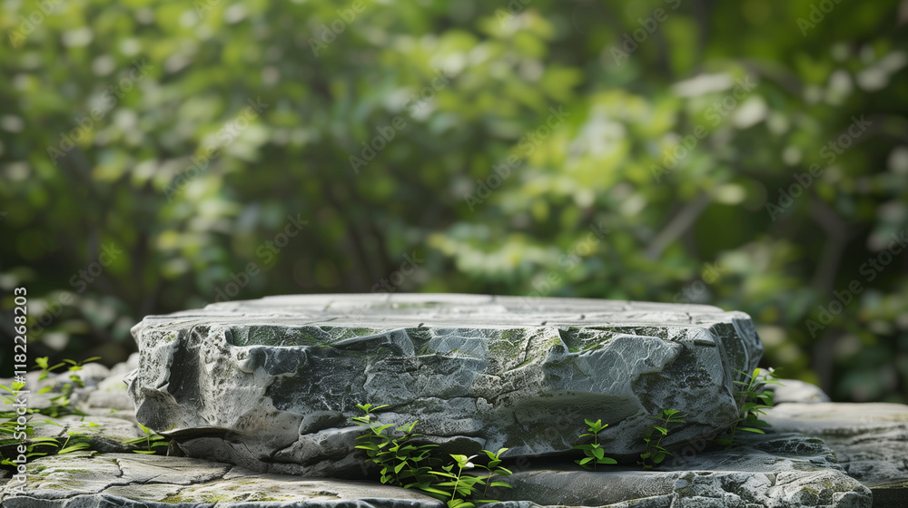 Stone podium in serene forest landscape
Stone podium in serene forest landscape