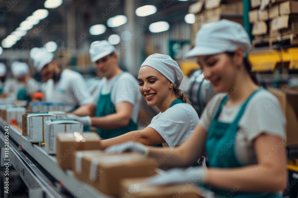 Smiling group of factory workers packaging a product in factory Smiling group of factory workers packaging a product in factory