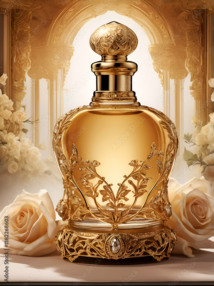 stunning design golden lace perfume bottle against soft background with flowers. Digital artwork for design and marketing. Ai generated.