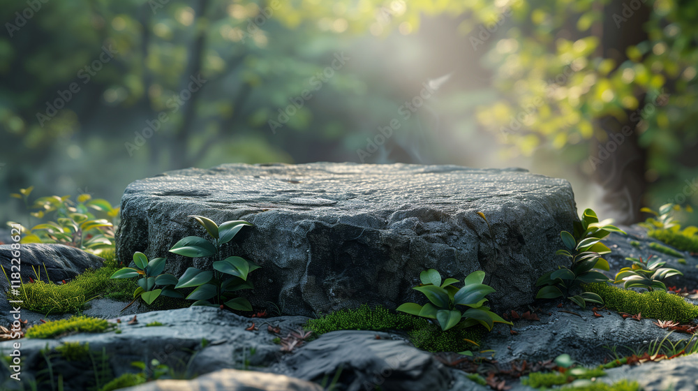Stone podium in serene forest landscape
Stone podium in serene forest landscape