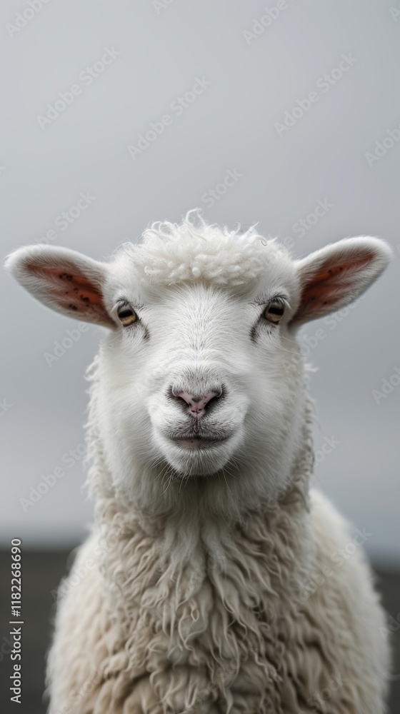 Curious sheep gazing at the camera on a cloudy day in a rural landscape with an overcast sky