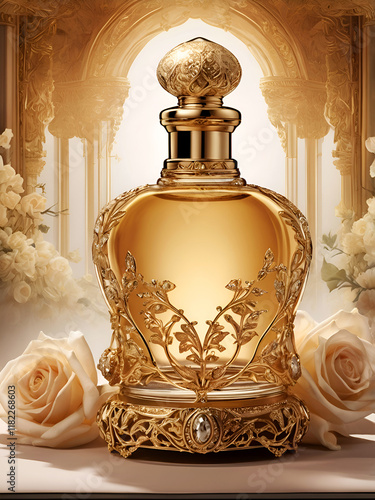 Obraz na płótnie stunning design golden lace perfume bottle against soft background with flowers. Digital artwork for design and marketing. Ai generated. w salonie