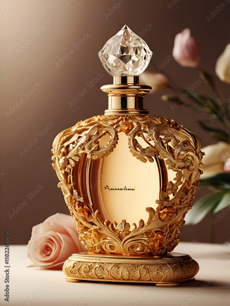 stunning design golden lace perfume bottle against grey-beige background. Digital artwork for design and marketing. Ai generated.