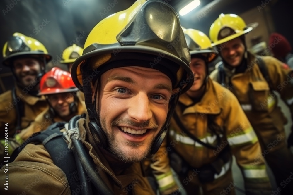 Portrait of a smiling group of firefighters taking selfie at station Portrait of a smiling group of firefighters taking selfie at station