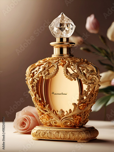 Obraz na płótnie stunning design golden lace perfume bottle against grey-beige background. Digital artwork for design and marketing. Ai generated. w salonie