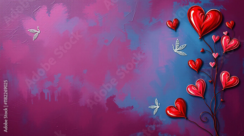 Red hearts on a vine, whimsical art with dragonfly accents against a textured purple and blue background. Romantic and charming.