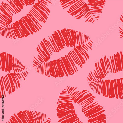 Seamless pattern with retro y2k kisses, futuristic elements for design. Cute pattern with lips for Valentine's Day. Wrapping, packaging design in flat style. Red and white. Suitable for gift wrap